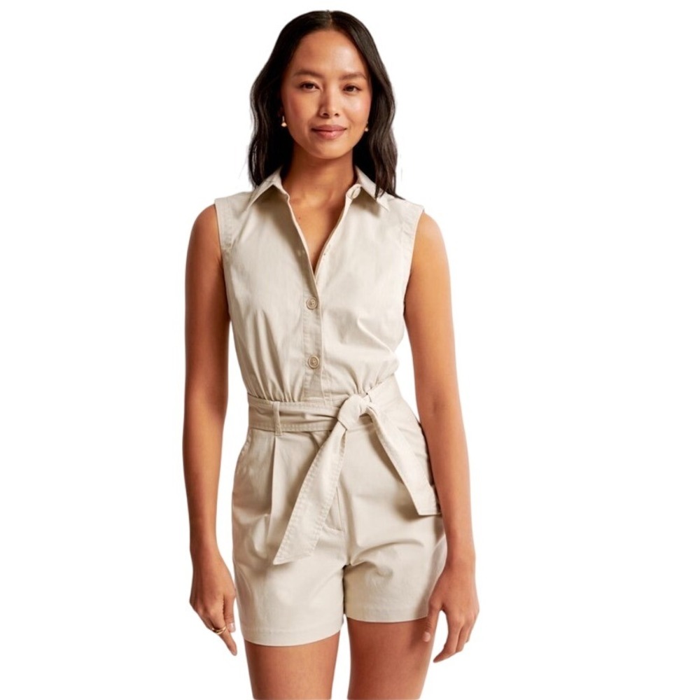 Abercrombie Fitch  beige tan Utility Romper Belted Sleeveless Collared XS petite